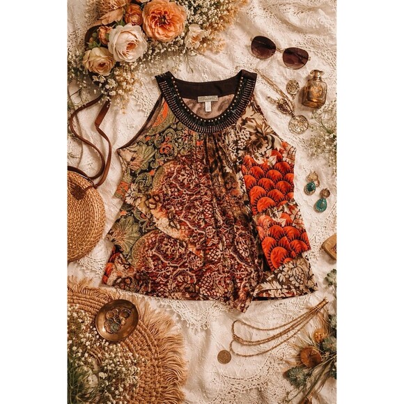 Vintage Dressbarn Beaded Neckline Sleeveless Blouse Y2K Boho Size L - Picture 2 of 9